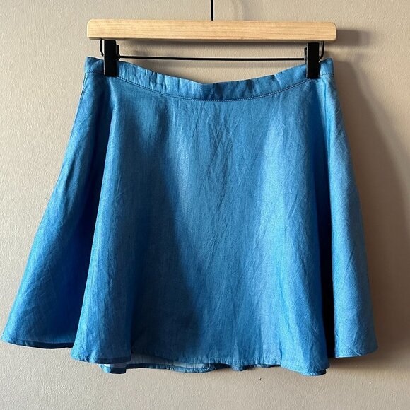 Women's M Lulus Accompany Me Chambray Skirt Skater Blue Flare Fun - Picture 2 of 7